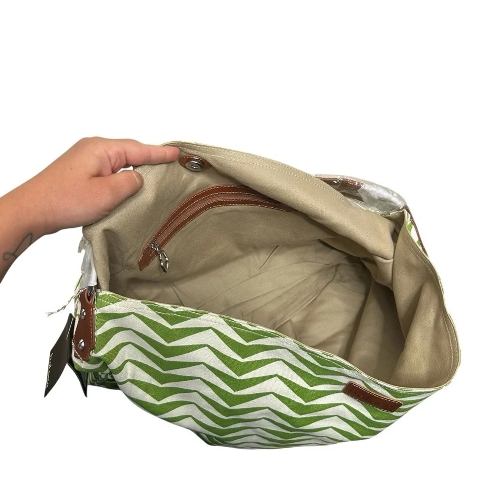 Halsea Dunes Bucket Bag Green Chevron Leather Trim Cotton Canvas Beach Chic Bag